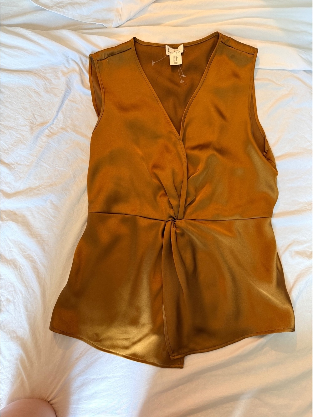 Nicole Miller Satin Twist Front Sleeveless Top in Bronze